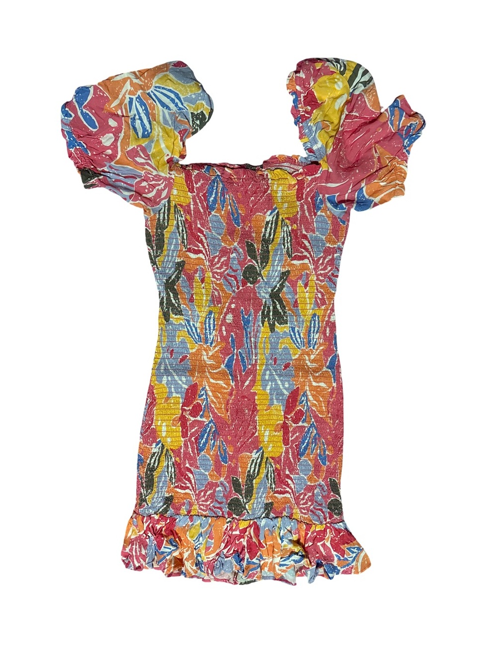 Womens' Floral Smocked Puff-Sleeve Dress - Pink Multi